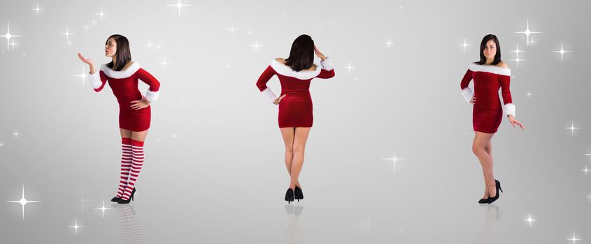 Composite image of different pretty girls in santa outfit against grey vignette