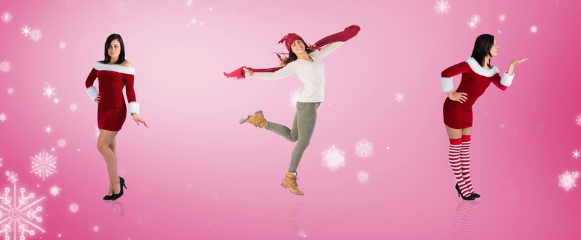 Composite image of different pretty girls in santa outfit against pink vignette