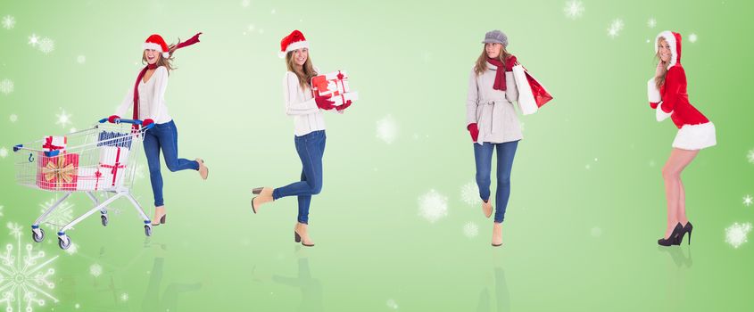 Composite image of different festive blondes against green vignette