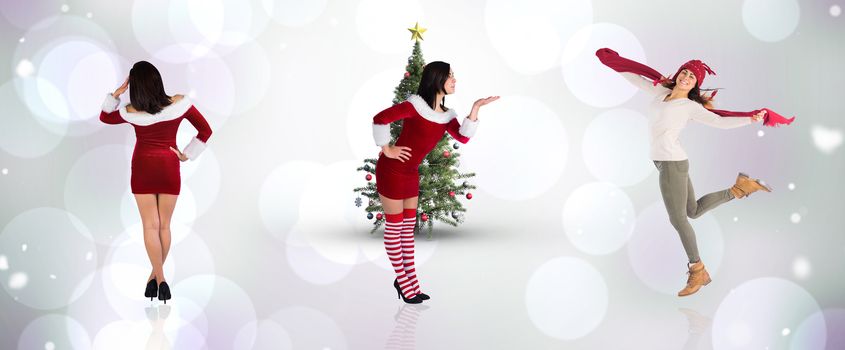 Composite image of different pretty girls in santa outfit against purple abstract light spot design
