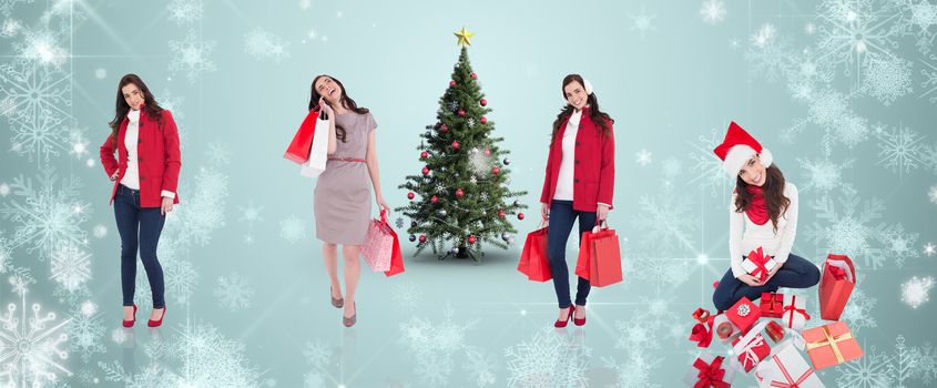 Composite image of different elegant brunettes against white snowflake design on blue