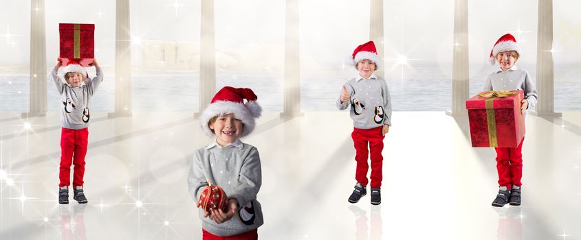 Composite image of different festive boys against twinkling lights over balcony with columns