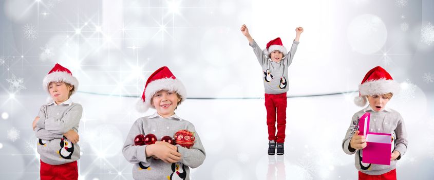 Composite image of different festive boys against snowflakes in room