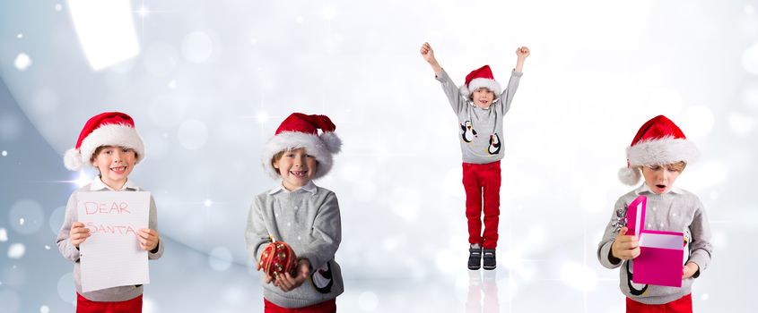 Composite image of different festive boys against lights twinkling in room