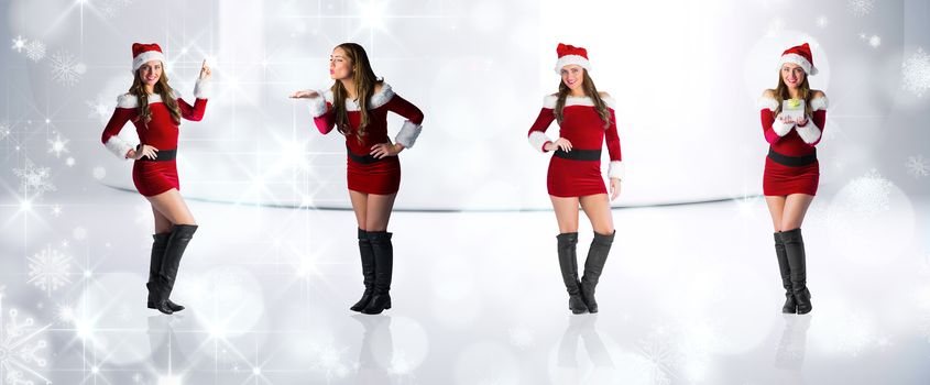 Composite image of different festive blondes against snowflakes in room