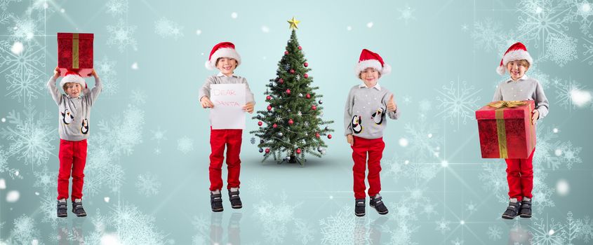 Composite image of different festive boys against white snowflake design on blue