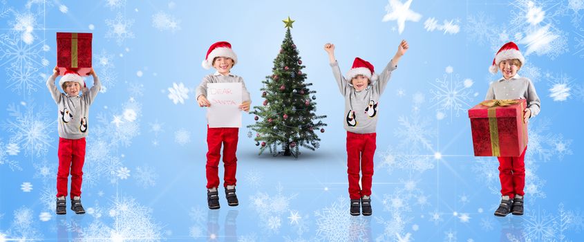 Composite image of different festive boys against white snowflake design on blue