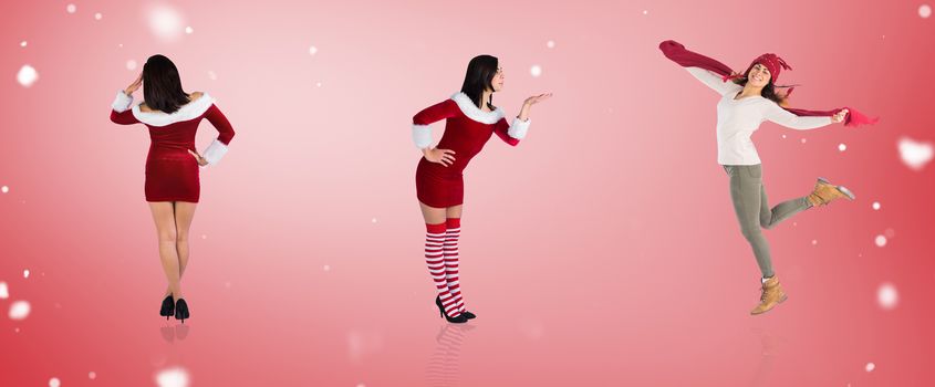 Composite image of different pretty girls in santa outfit against red vignette