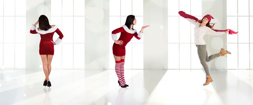 Composite image of different pretty girls in santa outfit against twinkling lights over room with windows