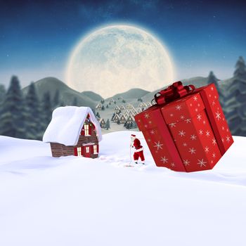 Santa delivering large gift against cute christmas village under huge full moon