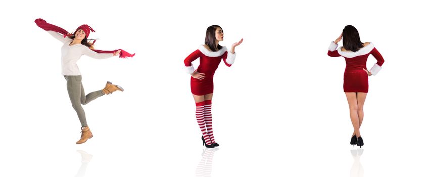 Composite image of different pretty girls in santa outfit on white background