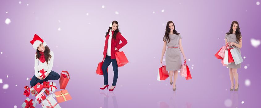 Composite image of different elegant brunettes against purple vignette