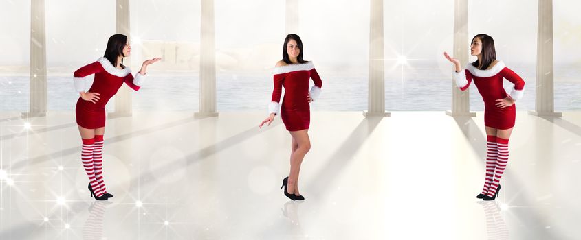 Composite image of different pretty girls in santa outfit against twinkling lights over balcony with columns