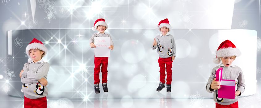 Composite image of different festive boys against lights twinkling in modern room