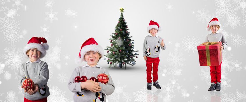 Composite image of different festive boys against white snowflake design on grey