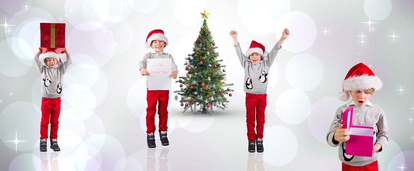 Composite image of different festive boys against purple abstract light spot design