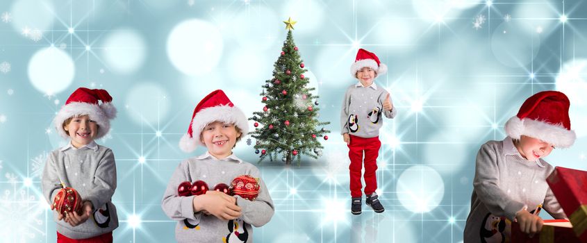 Composite image of different festive boys against light circles on blue background