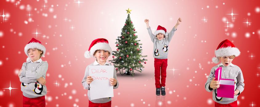 Composite image of different festive boys against white light dots on red