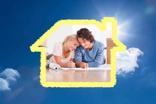 Happy couple organizing their new home against bright blue sky with clouds