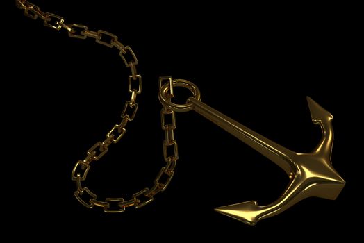 Illustration of a golden anchor and chain over a black background