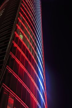 Red light windows, red lighting, city urban photo, architectural fragment, red light, red windows, exterior fragment, windows