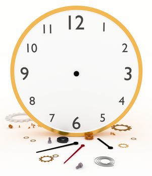 Illustration of a clock or watch with parts scattered across the ground