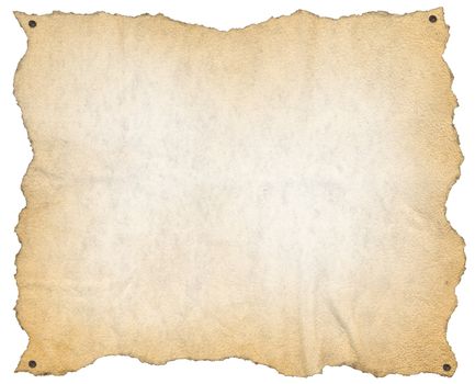 Brown empty parchment or sheet of paper with nails, isolated on a white background