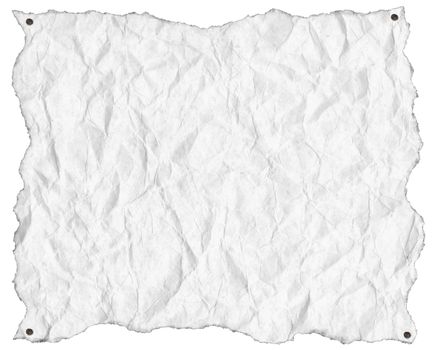 Wrinkled white empty parchment or sheet of paper with nails, isolated on a white background