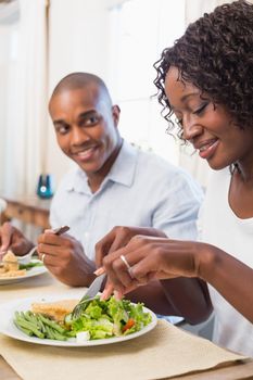 Happy couple enjoying a healthy meal together  at home in the kitchen