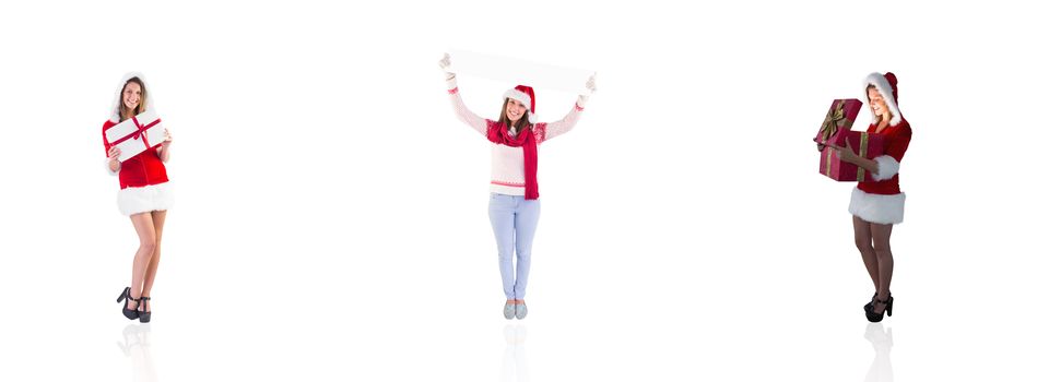 Composite image of santa girl opening gift