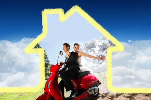 Newlywed couple enjoying scooter ride against bright blue sky over clouds