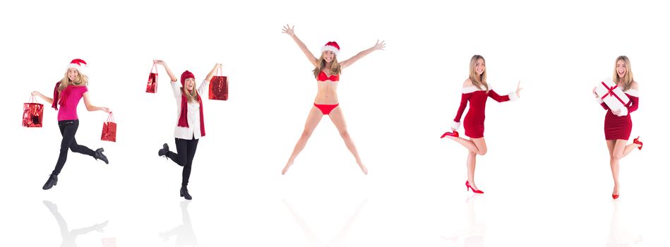 Composite image of festive blonde carrying gift bags