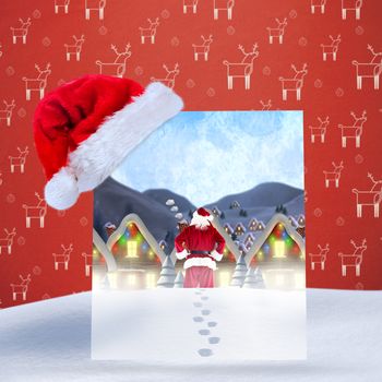 Santa delivery presents to village against red reindeer pattern