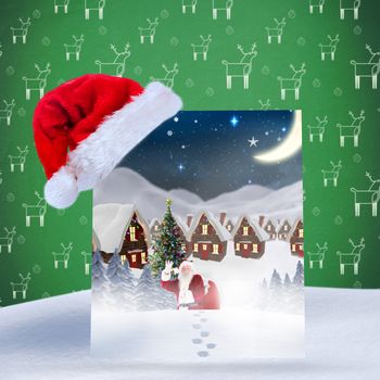 Santa delivery presents to village against green reindeer pattern