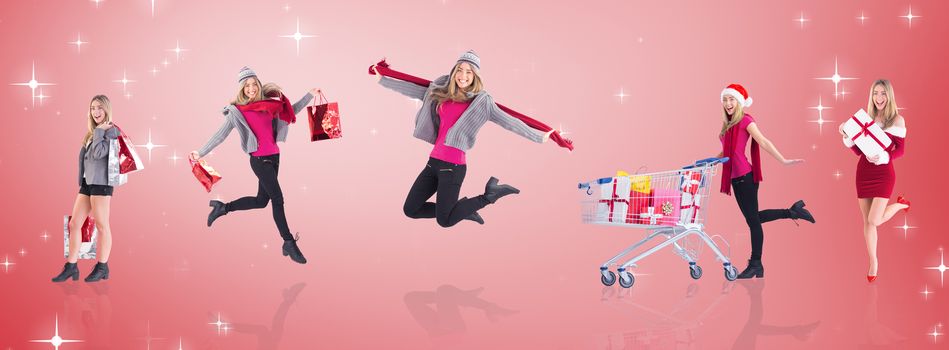 Stylish blonde holding shopping bags against red vignette