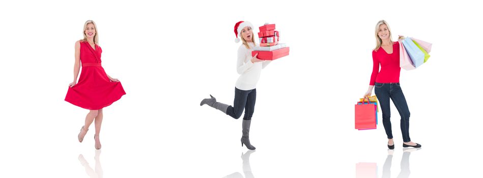 Composite image of happy blonde holding shopping bags