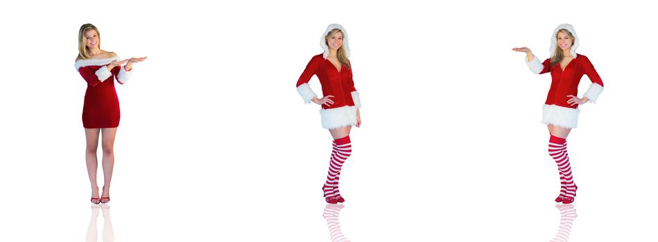 Composite image of pretty girl presenting in santa outfit