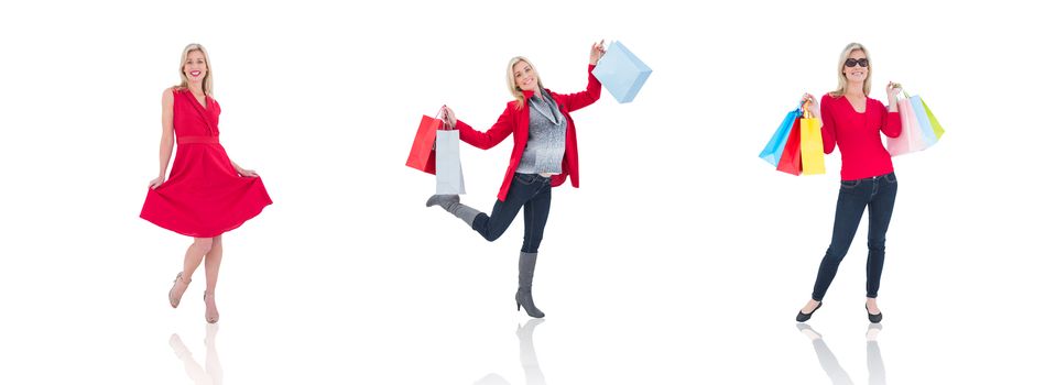 Composite image of happy blonde holding shopping bags