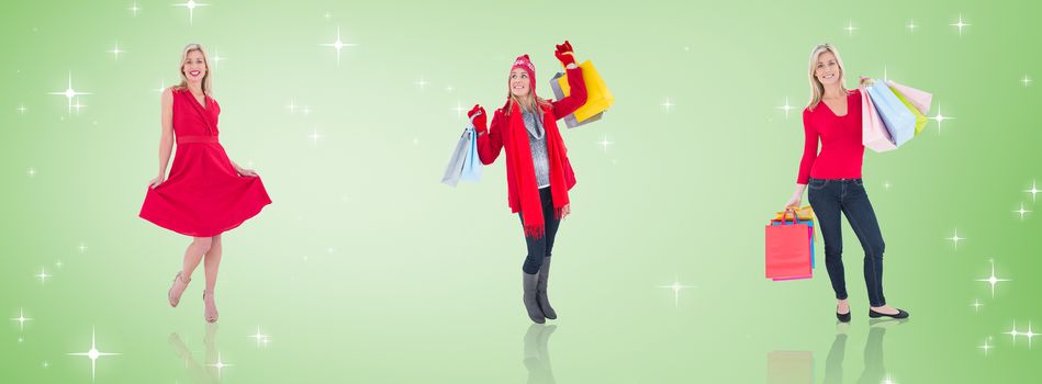 Happy blonde holding shopping bags against green vignette