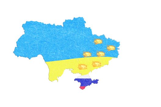 Focal point of Ukraine, map with flag and breakaway provinces where a fire burns.