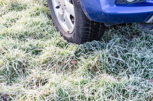 Close-up of Snow tires on meadow covered with hoarfrost.