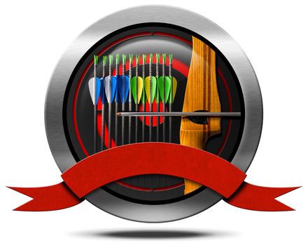 Archery icon with wooden bow and arrows on black and red target with empty red ribbon, isolated on white background