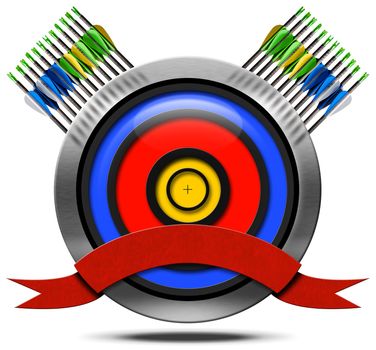 Archery icon with blue, red and yellow target, a set of arrows, empty red ribbon, isolated on white background