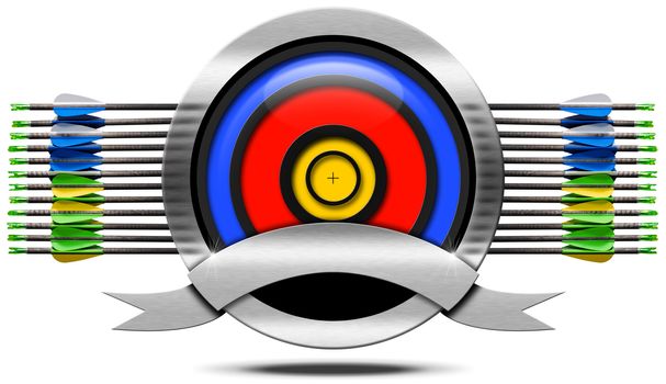 Archery icon with blue, red and yellow target, a set of arrows, empty metallic ribbon, isolated on white background