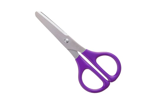 violet plastic handle closed scissors on white background.