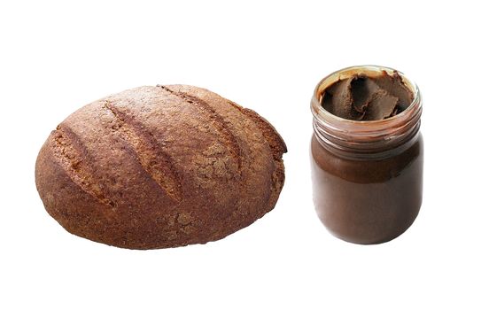 Bread with chocolate butter on white background