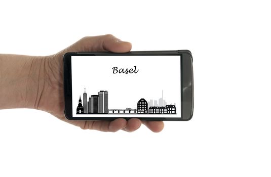 female hand with mobile phone isolated on white with Basel skyline