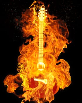 Burning electric guitar on black background isolated