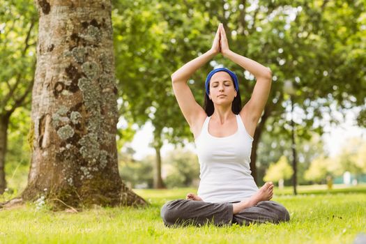 Brunette sitting in lotus pose on grass in the park