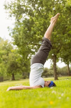 Concentrated brunette doing yoga on grass in the park